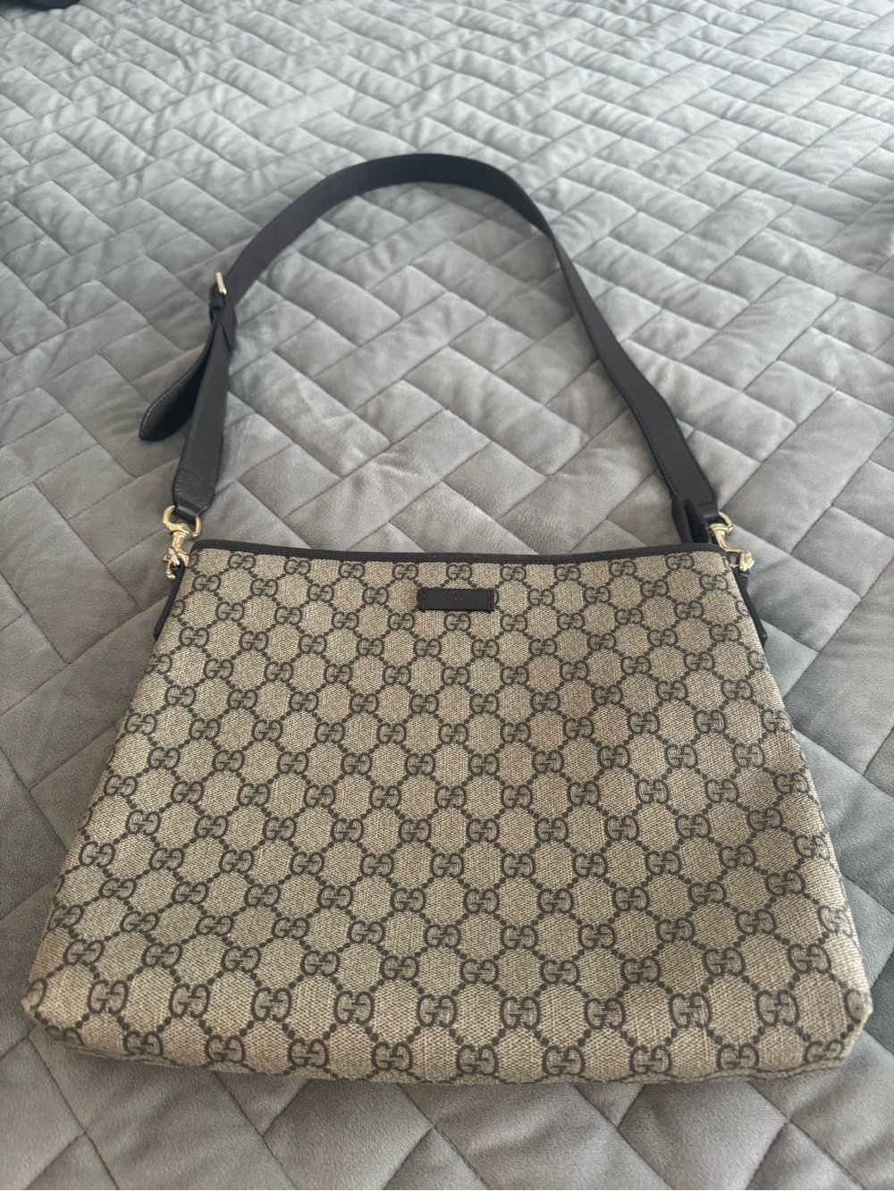Gucci Beige GG Canvas Shoulder Bag with Brown Trim